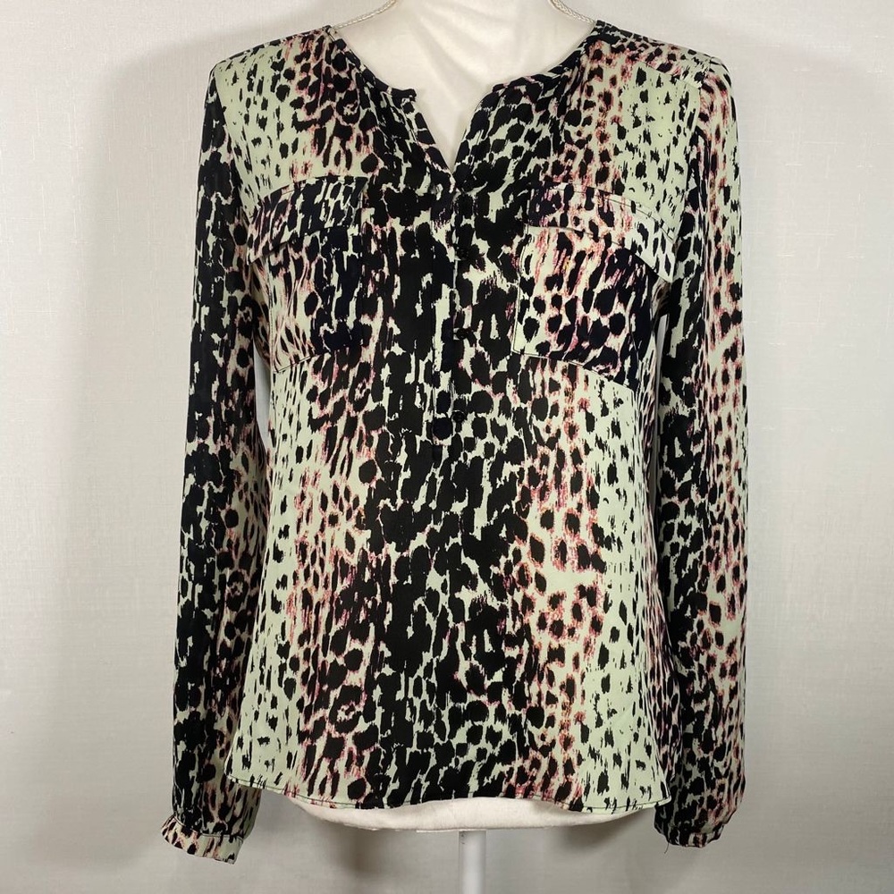 Parker 100% Silk Leopard Print Long Sleeve Blouse